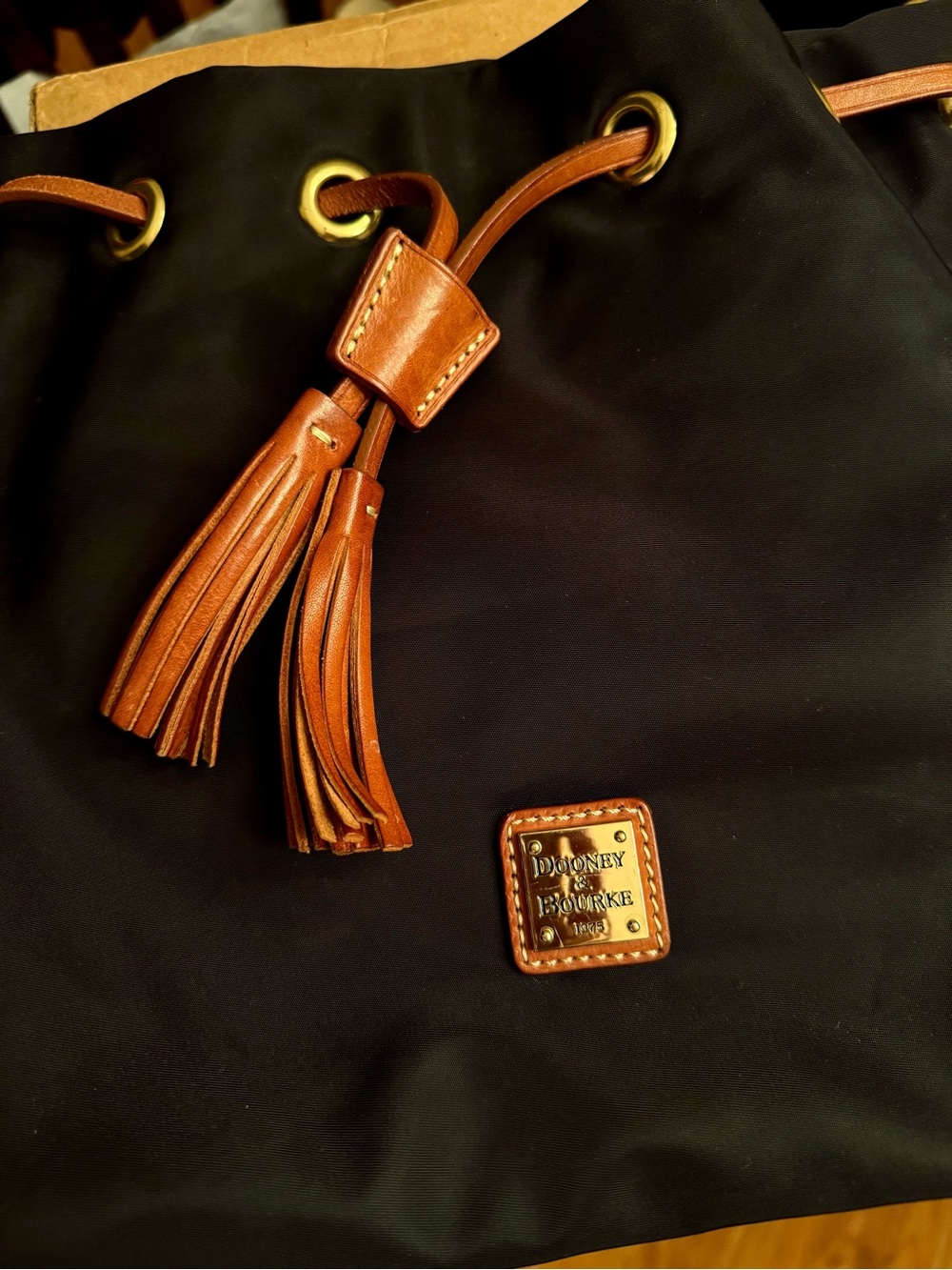 Dooney & Bourke Black Nylon Drawstring Bucket Bag w/ Cognac Leather Trim | EUC - Picture 10 of 12